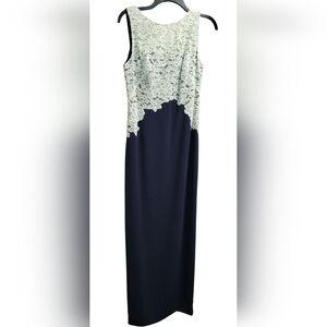Lauren Ralph Lauren Dress Womens Lace Applique Formal Maxi Size  Navy White MOB